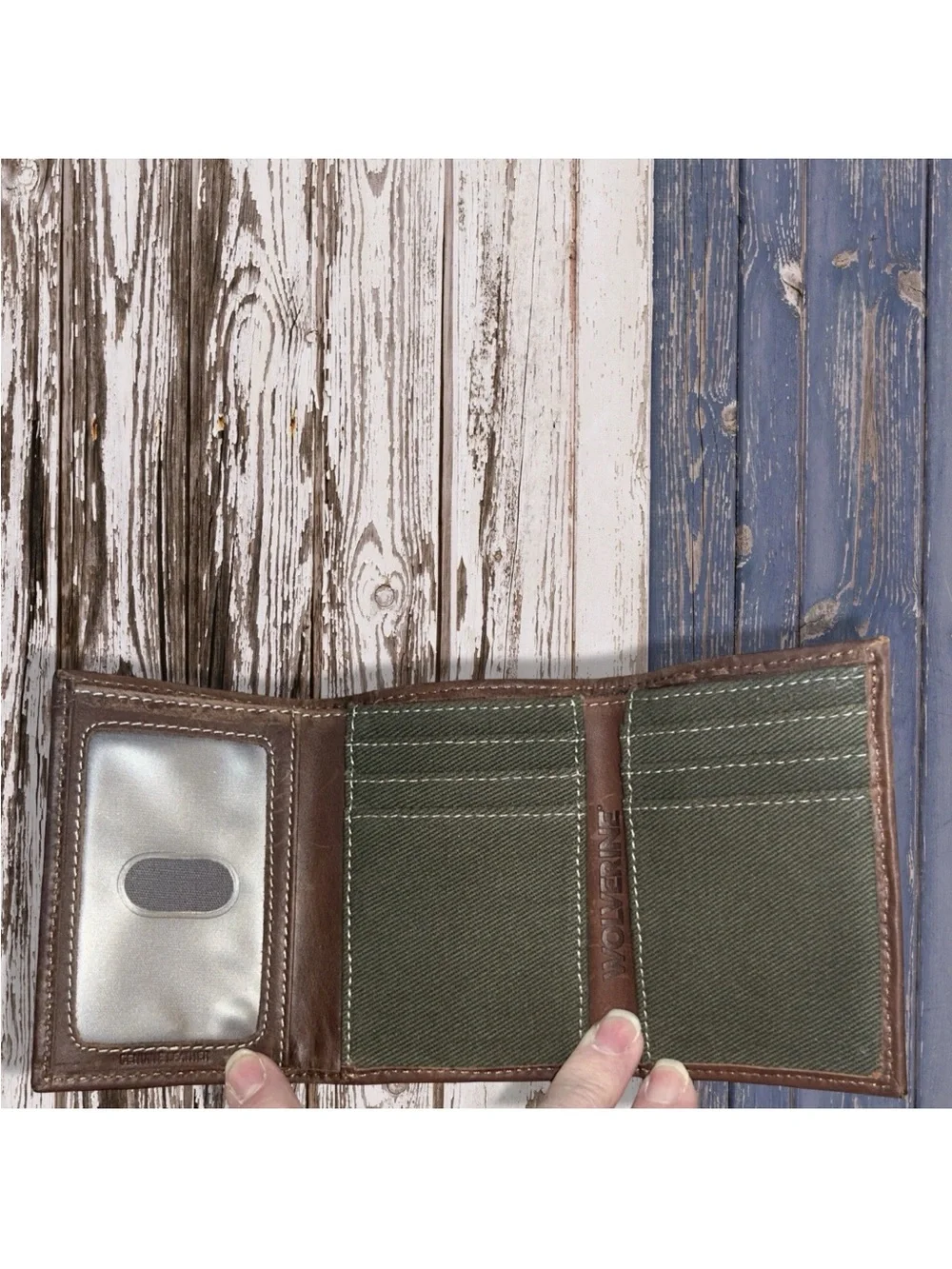 Wolverine Oil Tan Leather and Canvas Trifold Wallet in Brown/Olive